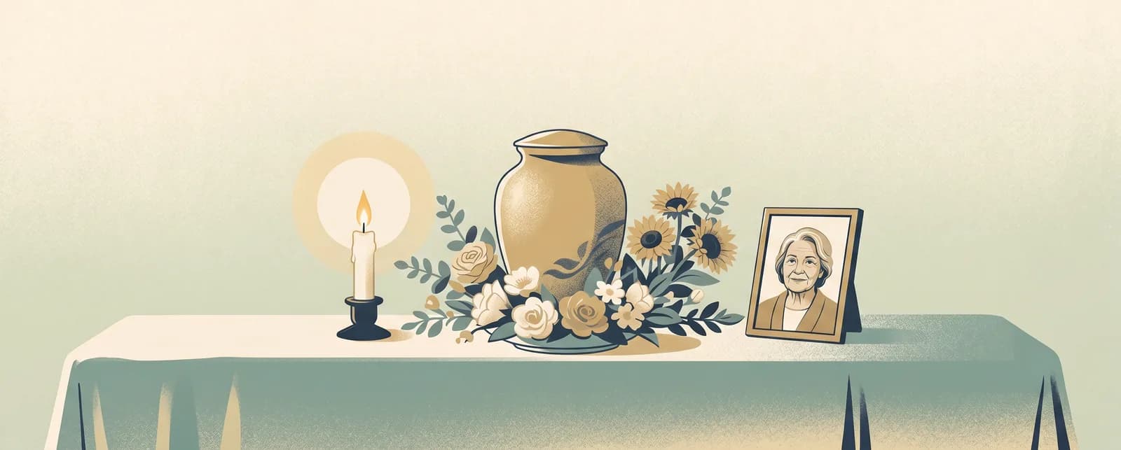A memorial table with a candle, an urn with flowers, and a framed photograph