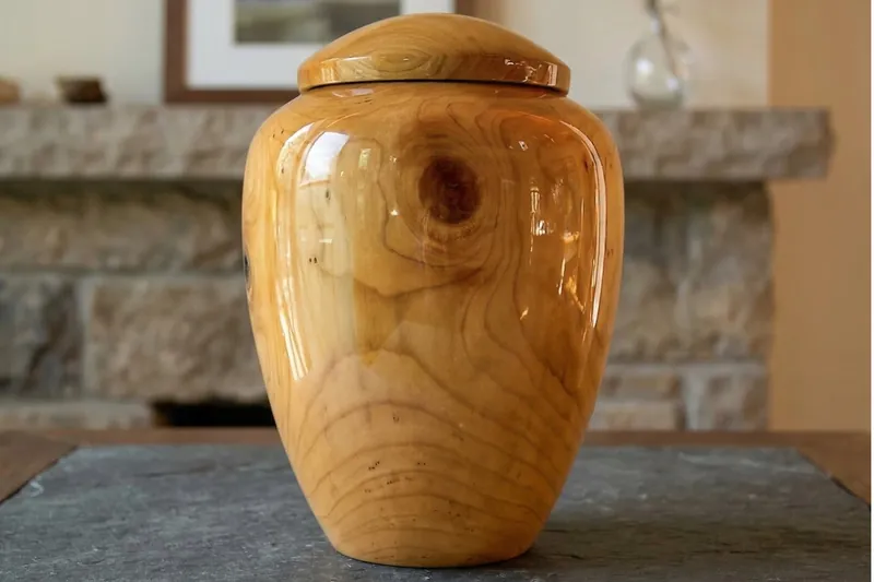 A handmade wooden urn