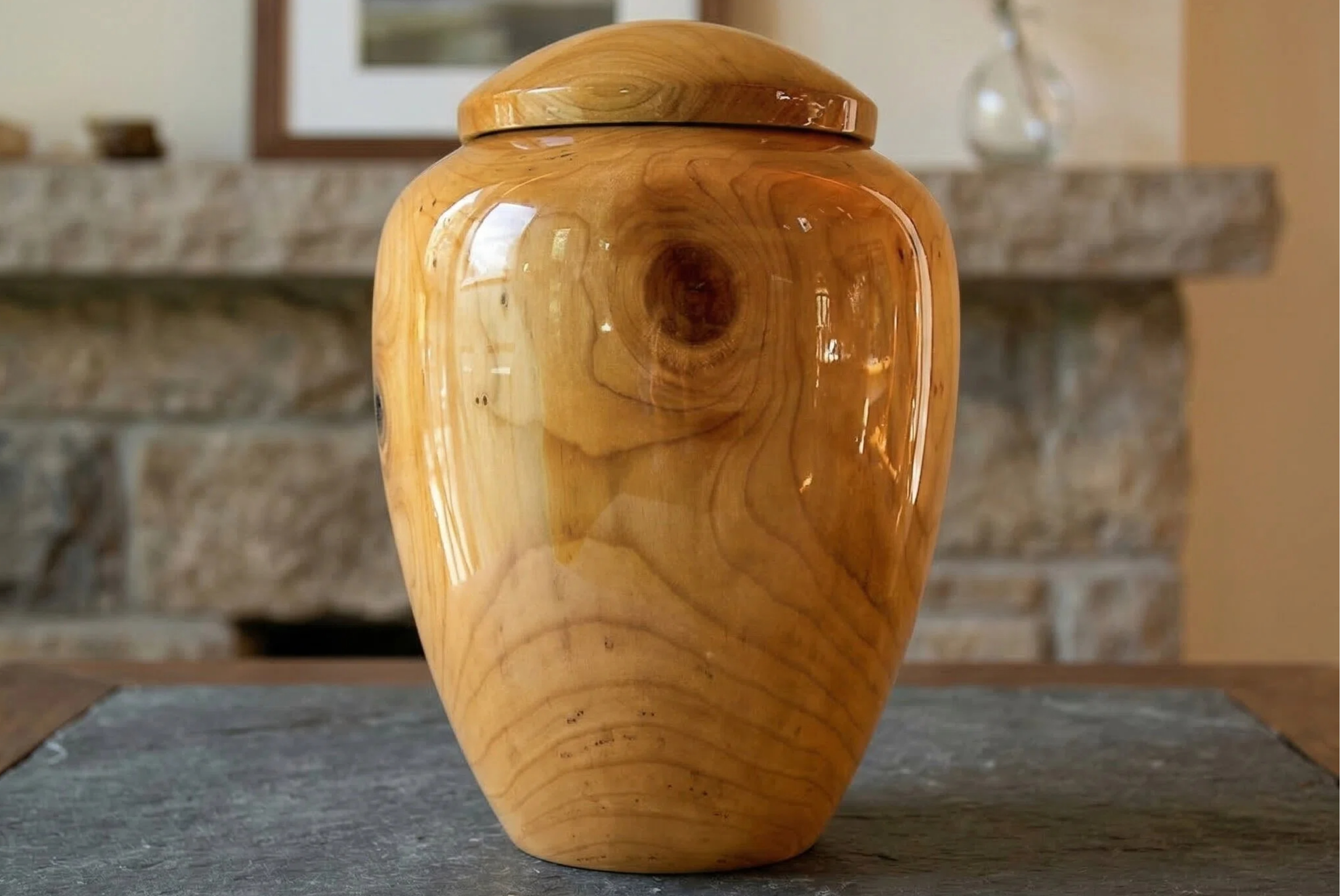 A handmade wooden urn